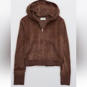 Aerie Cozy Brown Velour Zip-Up Hoodie size large. Y2K vibes. Mocha tone